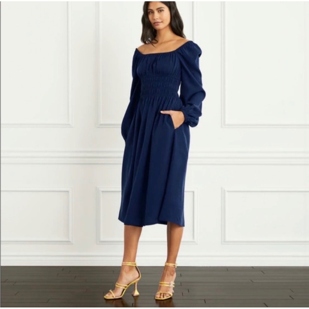 Hill House Jasmine Nap Midi Dress Womens XS Navy Smocked Lyocell Pockets